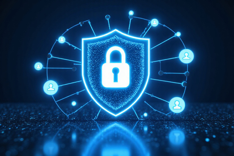 Data security illustration showing a shield protecting digital information