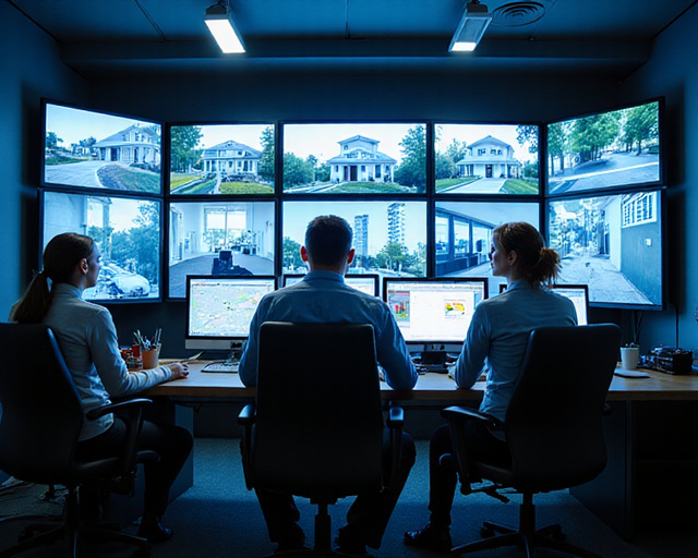Professional security team monitoring property
